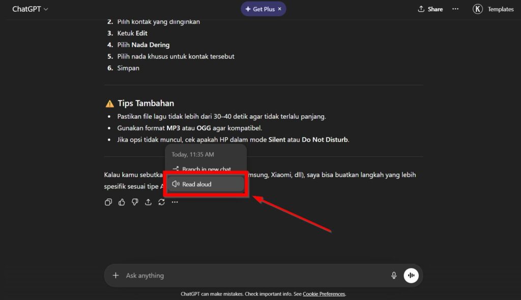 Langkah Menggunakan Fitur Text To Speech Di Web Chatgpt