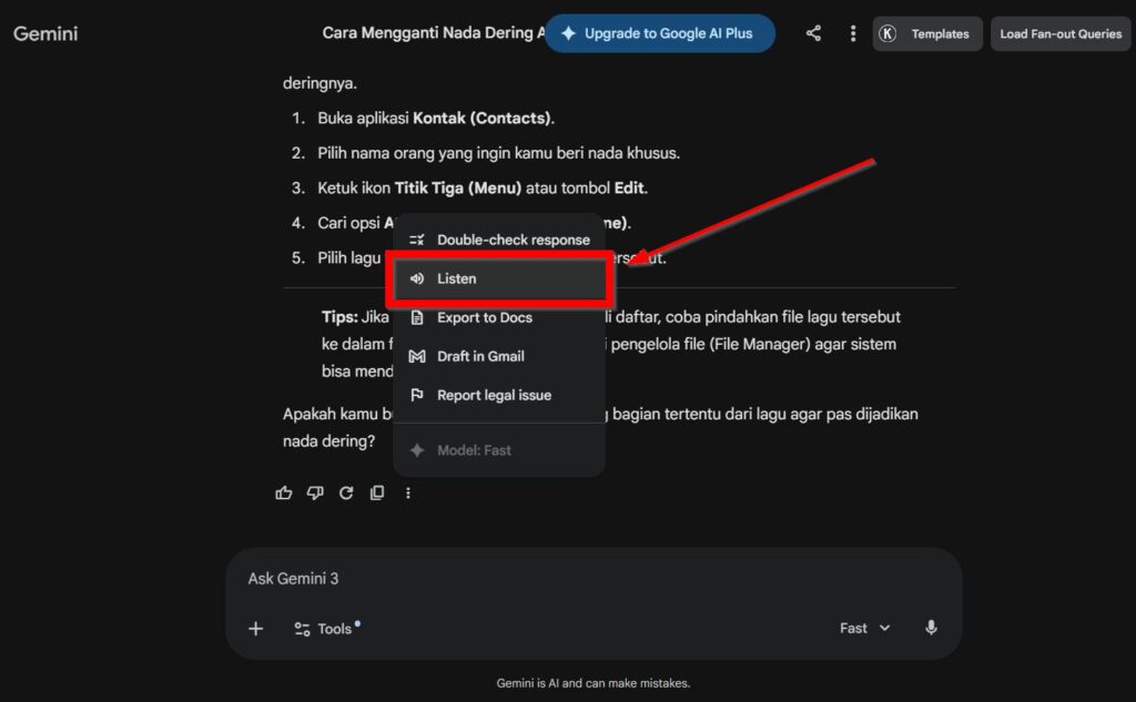 Langkah Menggunakan Fitur Text To Speech Di Web Gemini
